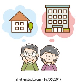Elderly couple thinking about buying a detached house or apartment