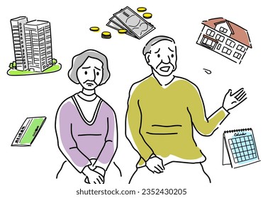 elderly couple thinking about buying house hand drawing illustration, vector
