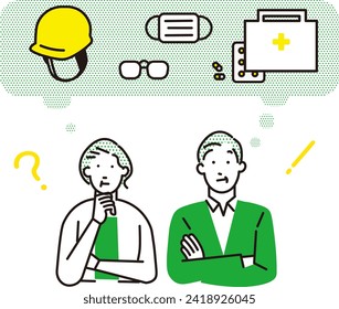 Elderly couple thinking about disaster prevention - vector icon set illustration material