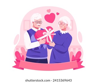 An Elderly Couple Together Holding a Heart-Shaped Gift Box. Romantic Old Senior Couple in Love Relationship. Valentine’s Day, Birthday Surprise, or Wedding Anniversary