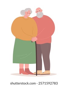 Elderly couple together. Old men husband and wife hugging. Vector flat graphics.