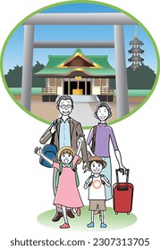 Elderly couple touring a traditional Japanese shrine with their grandchildren