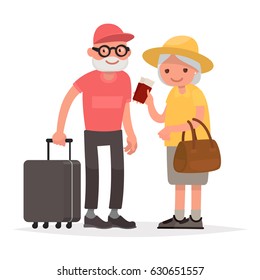 Elderly couple of tourists. Grandmother and grandfather with suitcases are traveling to travel. Vector illustration in a flat style