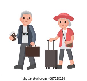 Elderly couple of tourists. Grandmother and grandfather with suitcases are traveling . Senior couple walking. Isolated vector illustration in a flat style