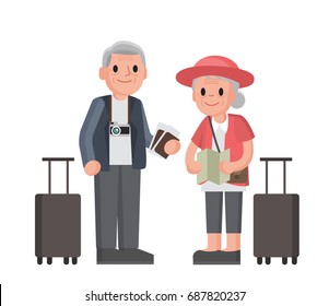 Elderly couple of tourists. Grandmother and grandfather with suitcases are traveling . Senior couple standing. Isolated vector illustration in a flat style