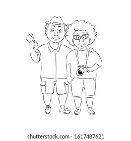 Elderly couple of tourists. Old man and old woman are traveling to travel.Vector illustration,linear silhouette on a white background.