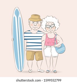 Elderly couple of tourists on the beach. Old man and old woman surfers.Vector illustration in a cartoon style.