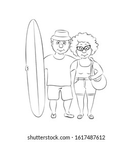 Elderly couple of tourists on the beach. Old man and old woman surfers.Vector illustration,linear silhouette on a white background.