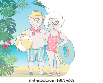 Elderly couple of tourists on the beach.Grandmother with a lifebuoy and grandfather with a ball.Vector illustration in a cartoon style.