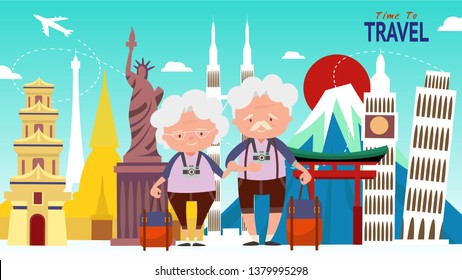 Elderly couple travel composition with famous world landmarks travel around the world  and tourism,Lifestyle after retirement concept.