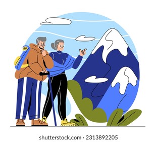 Elderly couple in travel concept. Grandmother and grandfather with backpacks stand and look at mountains, forest. Active lifestyle and recreation. Camping and hiking. Cartoon flat vector illustration
