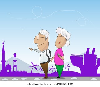 Elderly couple travel in cruise together. Stock vector cartoon concept illustration vacation, trip, travel illustration .