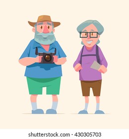 elderly couple, travel together, cartoon characters, vacation, travel concept, summer, old couple, happy family, traveling pensioner, grandparents, tourism, vector illustration