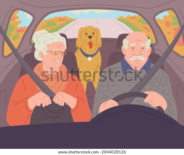 Elderly couple traveling by car with\
their dog. Car cabin interior with senior family having car trip\
with their dog pet, flat cartoon vector\
illustration.