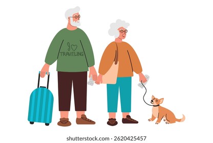 Elderly couple traveling with their pet. Vector illustration of an elderly couple with a suitcase, a dog and tickets in their hands. The concept of active pensioners traveling with their pet