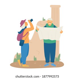 Elderly Couple Travelling Flat Vector Illustration. Old Lady In Hat Taking Photo Of  Ancient Ruins, Senior Man Looking At The Map. Active Retirement.