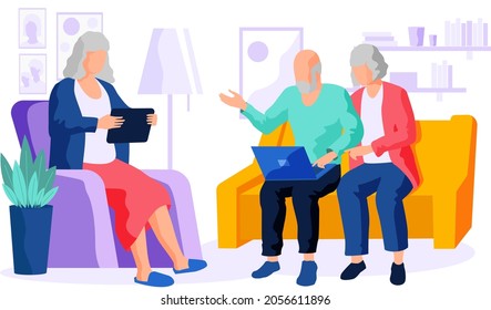 Elderly couple try to use gadget, type on computer, communicate through laptop and surf internet. Old women and man learn new technologies. Characters sitting and spending time on social networks - Shutterstock ID 2056611896