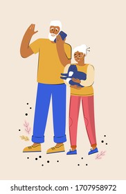 Elderly couple. Two happy senior lovers spend time together. Elderly people on a walk with a pet. Man is talking on the phone. Woman holds a funny cat in her arms. Vector illustration in flat cartoon