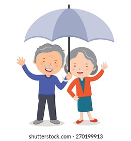  Elderly couple with umbrella waving. Lovely old couple holding an umbrella.