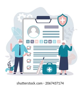 Elderly couple underwent complete medical examination. Clipboard with complete information on check up results and patients analyzes. Concept of healthcare and medicine. Flat vector illustration