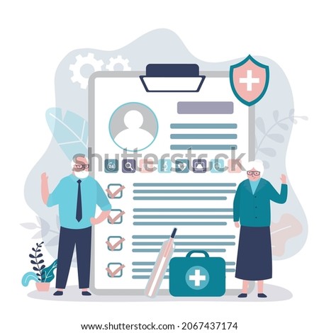 Elderly couple underwent complete medical examination. Clipboard with complete information on check up results and patients analyzes. Concept of healthcare and medicine. Flat vector illustration