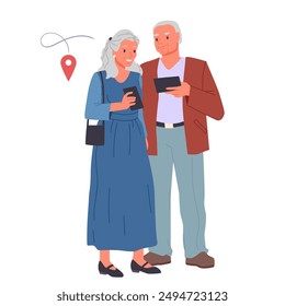 Elderly couple using GPS navigation map in mobile app. Senior man and woman holding smartphones, happy aged grandmother and grandfather characters using cellphone to travel cartoon vector illustration