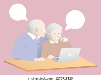 Elderly couple using a laptop with blank chat for copy space on pink background.vector illustration.