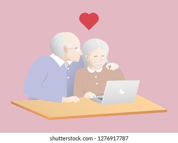 Elderly couple using a laptop with heart on pink background.vector illustration.