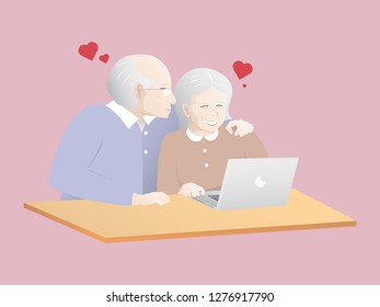 Elderly couple using a laptop with heart on pink background.vector illustration.