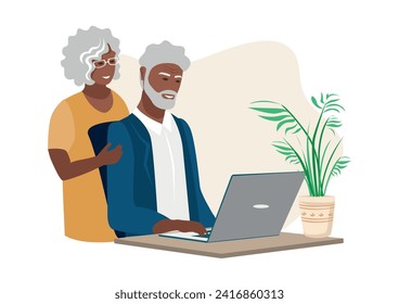 An elderly couple is using a laptop at home. An elderly couple is sitting at a laptop for business, training, education or video call. Vector illustration in flat style.