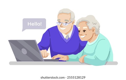 Elderly couple using a laptop together, smiling. Vector illustration