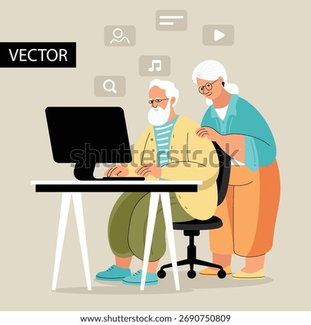 Elderly couple using laptop together. Senior woman shows senior man how to use computer or internet. Flat vector illustration about elderly people learning technology while sitting at the desk.