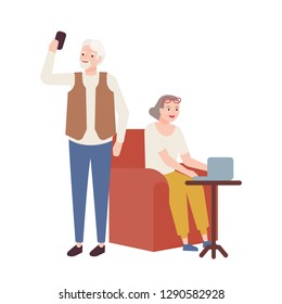 Elderly couple using modern devices. Grandmother working on laptop and grandfather taking selfie on smartphone. Smiling old man and woman, happy retirement. Vector illustration in flat cartoon style.