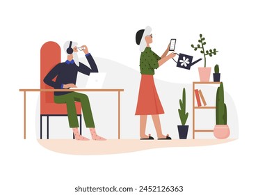 Elderly couple using modern technology. Old man with laptop, old woman with phone gardening cartoon vector illustration