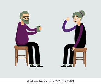 Video Pareja de ancianos que utiliza el teléfono inteligente para la llamada en línea. Personajes de dibujos animados planos con tecnología digital moderna, Ilustración vectorial aislada.