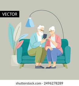 Pareja de ancianos usando smartphone juntos. El hombre mayor y la mujer mayor están sentados en el sofá con su teléfono inteligente. Ilustración vectorial plana sobre la tecnología de aprendizaje de las personas mayores