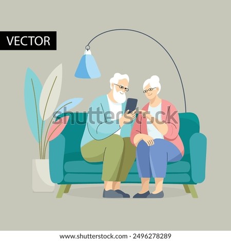 Elderly couple using smartphone together. Senior man and senior woman are sitting on the sofa with their smartphone. Flat vector illustration about elderly people learning technology