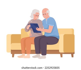 Elderly couple using tablet together semi flat color vector characters. Editable figures. Full body people on white. Simple cartoon style illustration for web graphic design and animation
