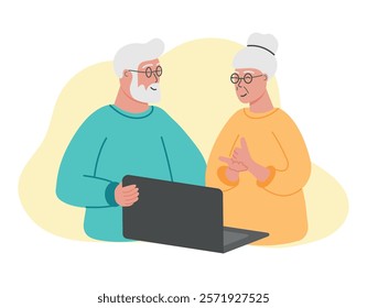 Elderly couple using video call and communicating with sign language. Vector illustration of old people with hearing aids using laptop to communicate with their family, friends.