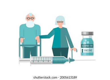 Elderly couple and vaccination covid 19 syringe and dose of vaccine Concept vector illustration