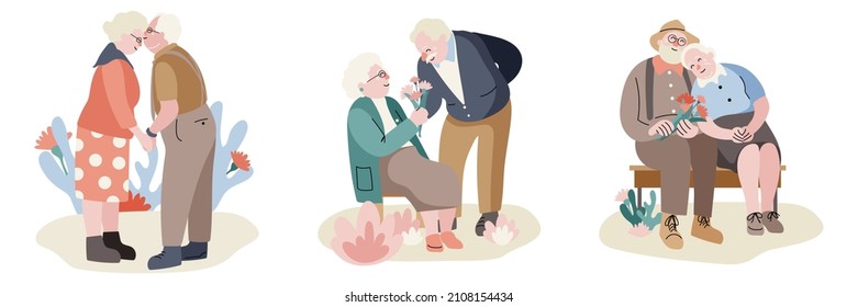 Elderly couple vector. Happy senior couple for valentine day and elderly care concept. People wife and husband. Happy senior couple relaxing in park. 
