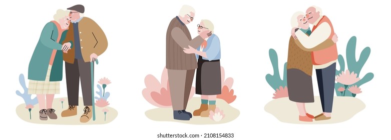 Elderly couple vector. Happy senior couple for valentine day and elderly care concept. People wife and husband. Happy senior couple relaxing in park. 