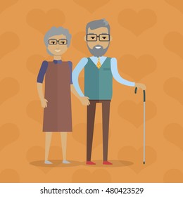 Elderly couple vector illustration. Flat design. Gray-haired smiling grandparents walking holding hands. Strong and lasting relationships. Deep human affection. For happy retirement concept. On orange