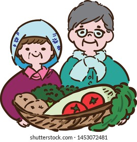 Elderly couple and vegetables doing agriculture