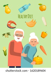 Elderly couple with vegetables vector illustration. Healthy diet for mature concept. Health lifestyle for olds.