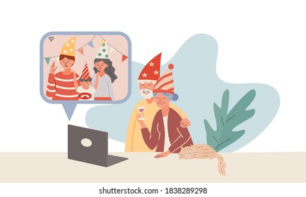 Elderly couple video call on laptop with their family. New normal remote communication on Christmas and New year party during Coronavirus (COVID 19) pandemic. Cartoon flat vector illustration.