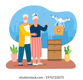 Elderly Couple Waiting For Medicine Drone Delivery. Elderly Male And Female Characters Are Recieving Contactless Delivery First Aid Kit. Drone Helping Old People. Flat Cartoon Vector Illustration