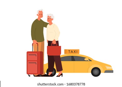 Elderly couple waiting for taxi. Old woman and man with luggage ordering taxi from or to airport. Hotel transfer for guests with baggage. Vector illustration in cartoon style