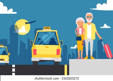 Elderly couple waiting for taxi, vector illustration. Grandparents on vacation, cartoon characters. Taxi service from airport to city, meet arriving travelers, hotel transfer for guests with baggage