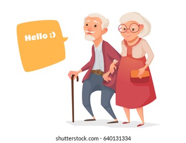 Elderly couple walk in cartoon style. Vector illustration of a flat design. Bubble for text.